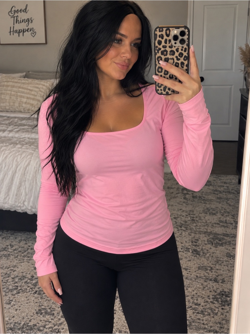 SHEIN Light Pink Long Sleeve Fitted Soft Square Neck Tee